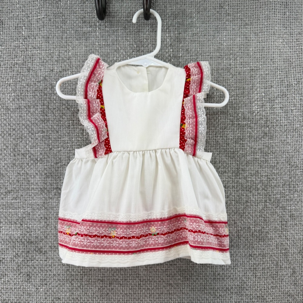 Fawn Togs Pinafore Dress Kids 12M White Red Vintage Lace Ruffle Sash 1967-1972